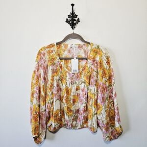 NWT Rose + Olive Pleated Floral Blouse Size L Yellow Boho Flowy